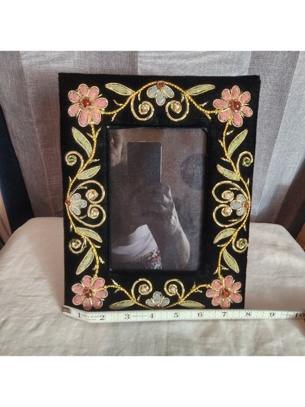 Vintage Persian Zardozi Embroidered Velvet Photo Frame 8x10" Holds 4x6" Photo Fl